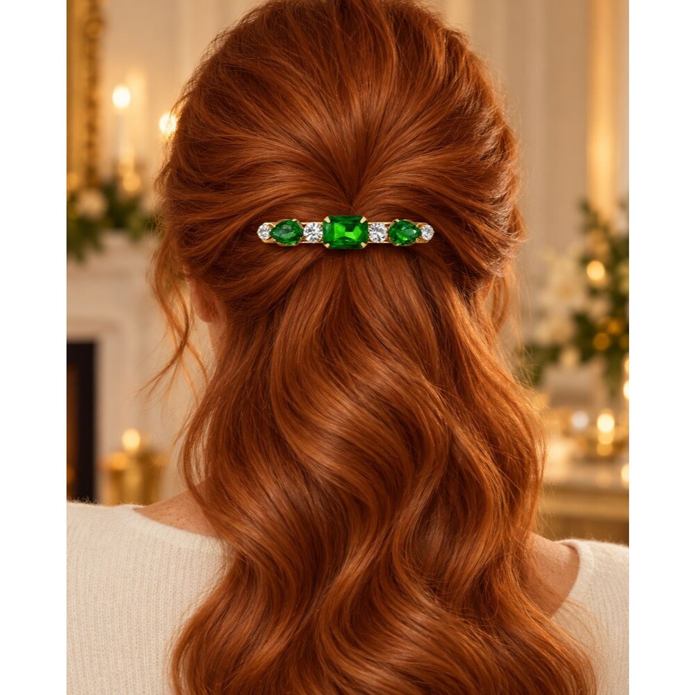 Emerald Green Oval Rhinestone Hair Barrette Clip Gold Crystal Halo Elegant NEW